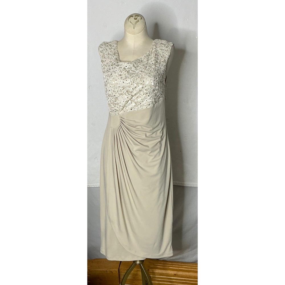 Women's Cream Lace Bodice Dress Draped Sheath Midi Elegant Minimalist Size 8